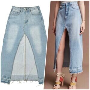 Lost In Lunar | Women | Light Wash Wide Slit Distressed Denim Maxi Skirt | Small